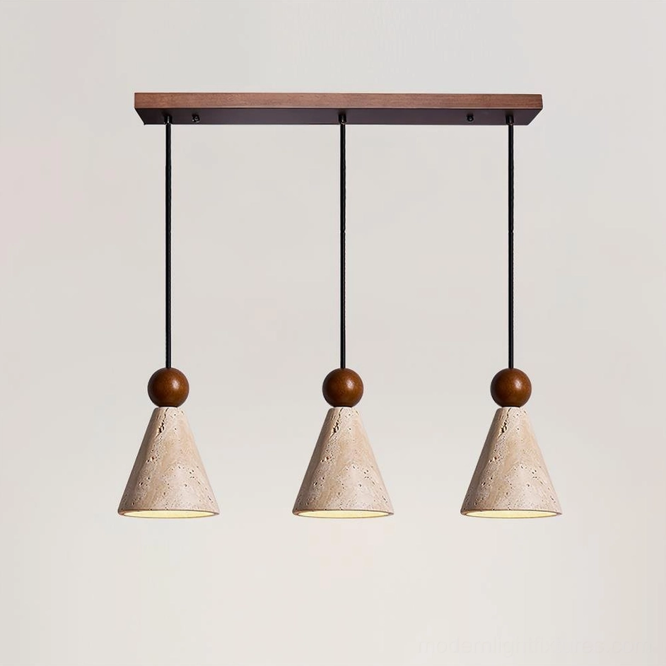 Linear three-head travertine pendant light 60cm span creating modern chandelier effect