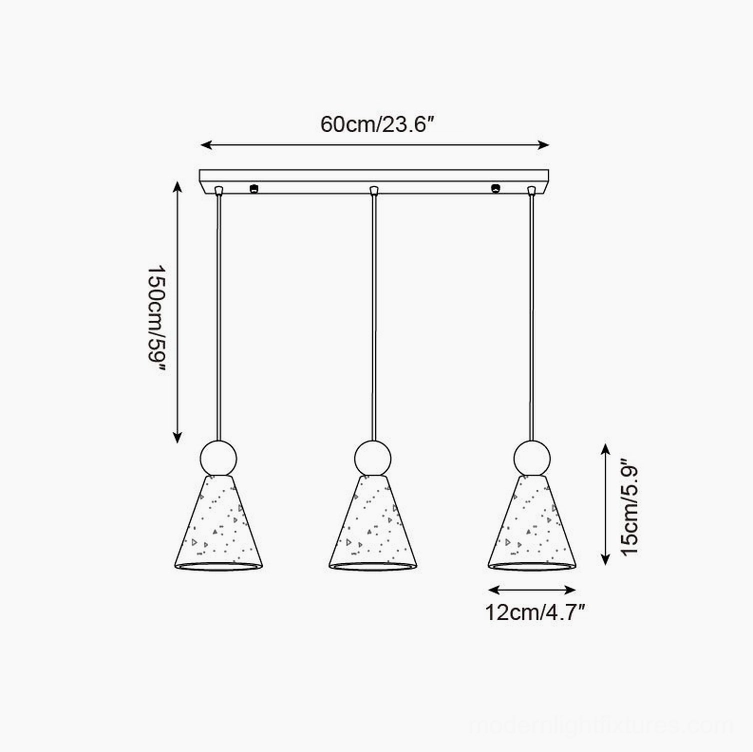 Linear 3-head travertine pendant light schematic - evenly spaced symmetrical arrangement