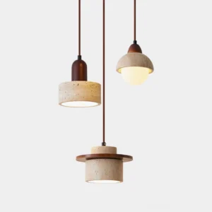 Three-piece travertine pendant light set with cylindrical, dome, and disk-layered designs in beige stone with walnut wood accents - modern sculptural lighting fixture