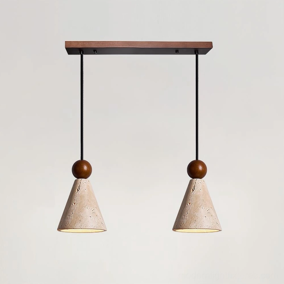 Two-head travertine pendant light arrangement with walnut accents and symmetrical layout