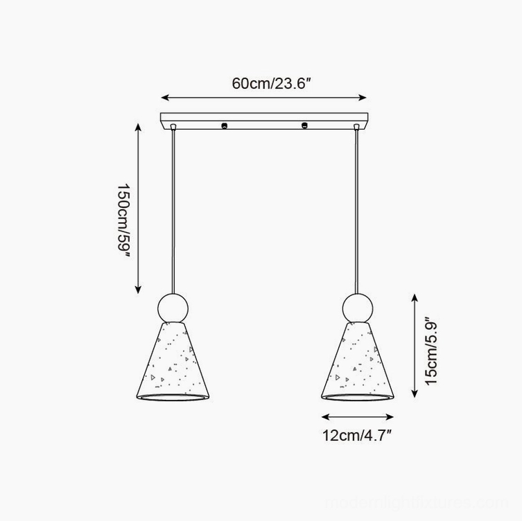 Dual head travertine pendant light technical schematic - 60cm length x 150cm height layout
