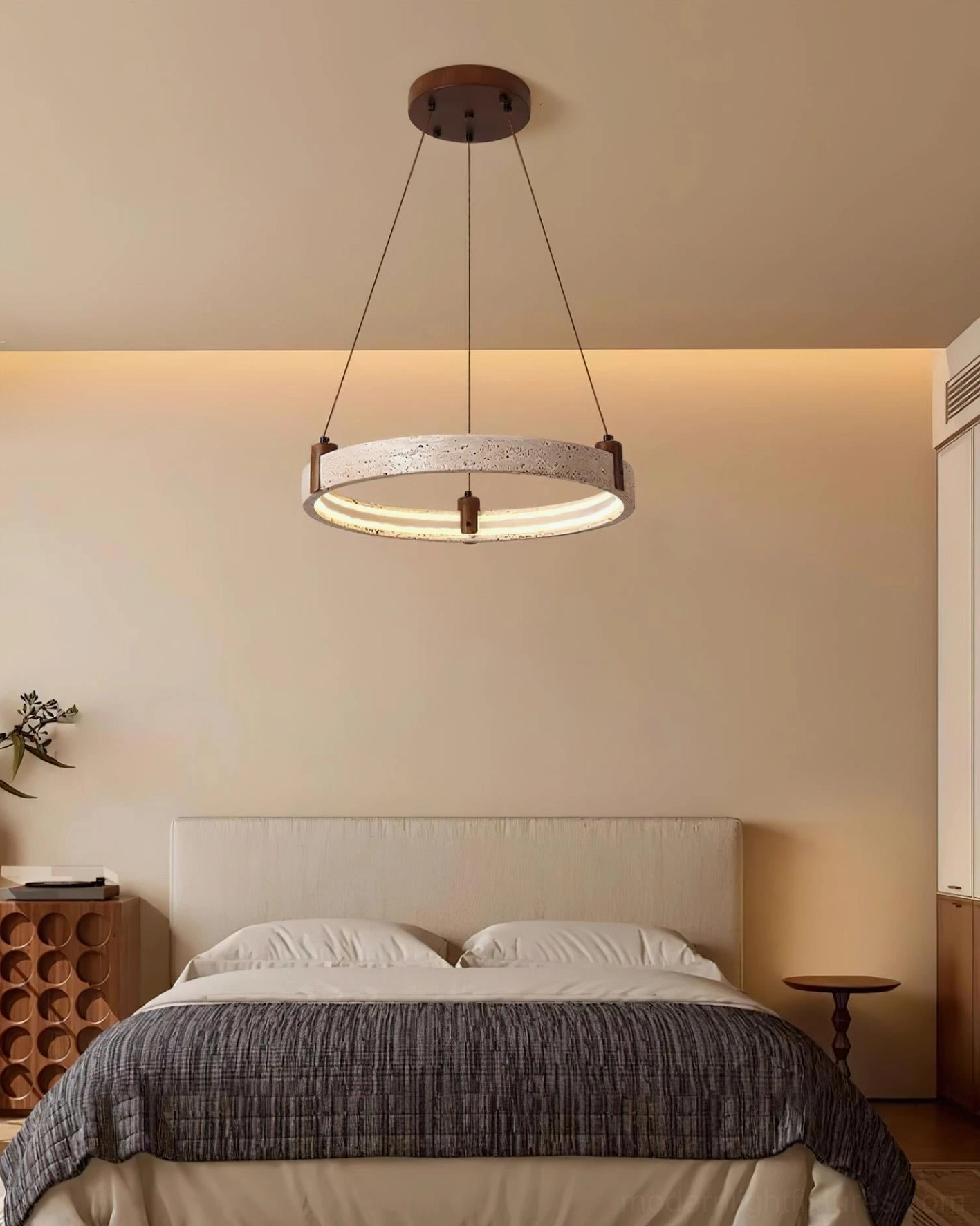 Eclora travertine ring pendant light in wabi-sabi minimalist interior aesthetic