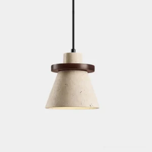 Travertine conical pendant light with walnut wood accent ring, front view on white studio background