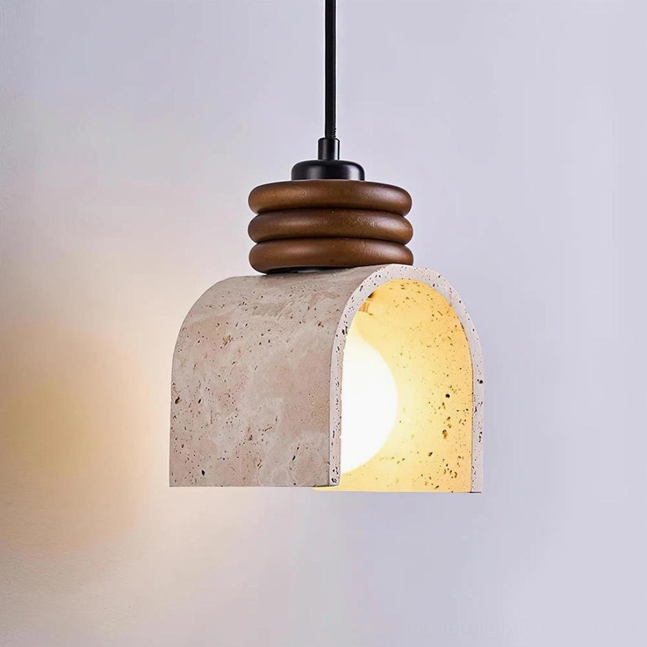 Travertine arched pendant light in walnut color and beige stone combination, front view showing complete product design with warm diffused lighting effect