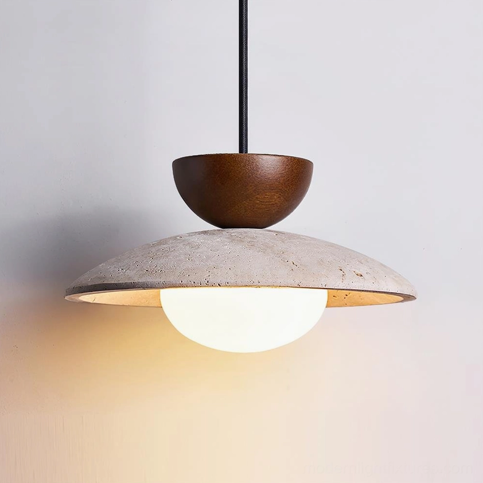 Tia travertine pendant lamp in dark walnut finish with beige travertine disc, angled product view