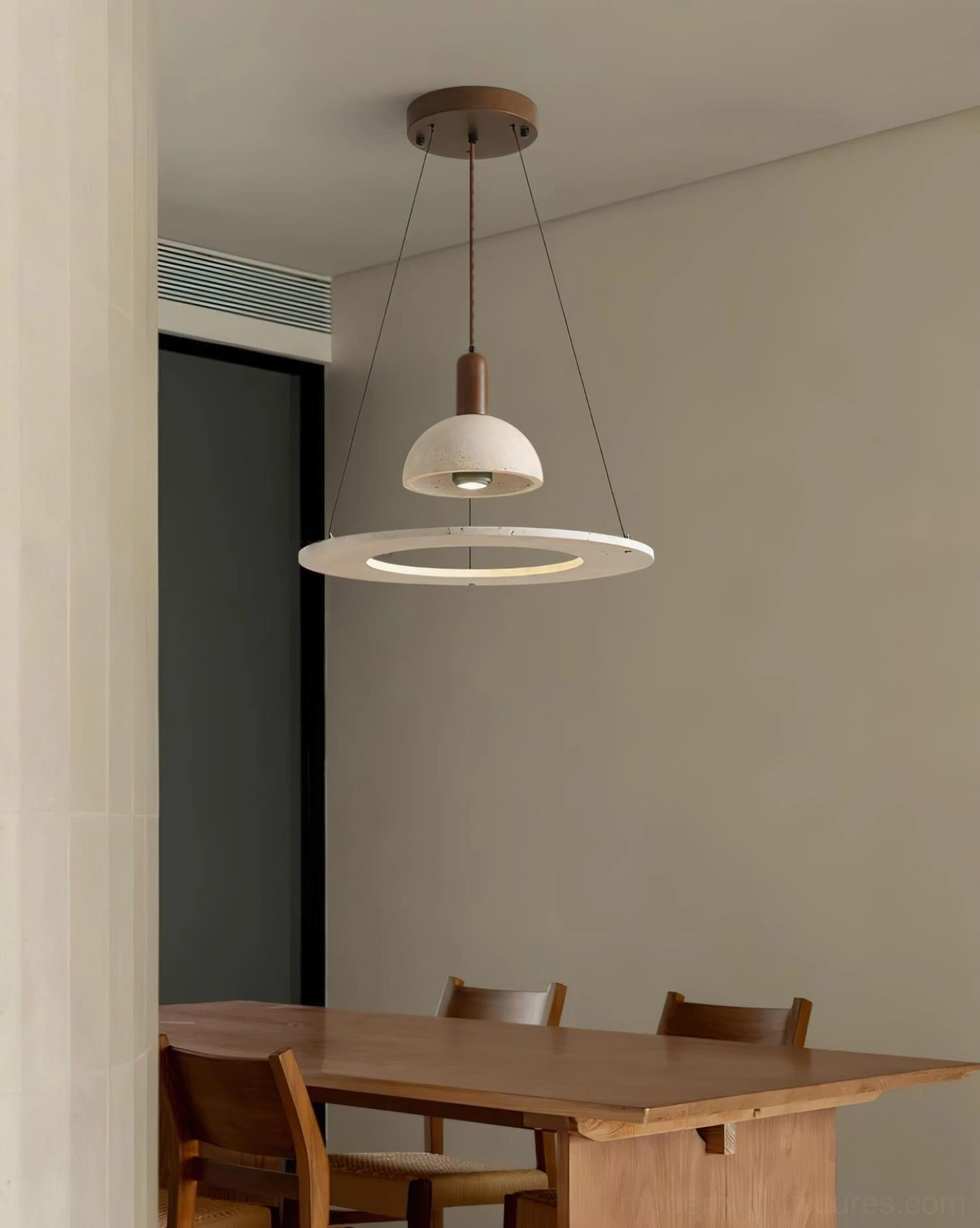 Modern travertine pendant light with walnut color finish and minimalist aesthetic