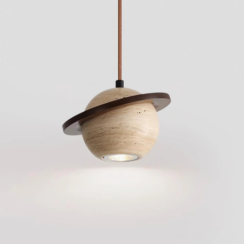 Travertine sphere pendant light in walnut color variant, warm earth-tone natural stone with wooden orbital ring