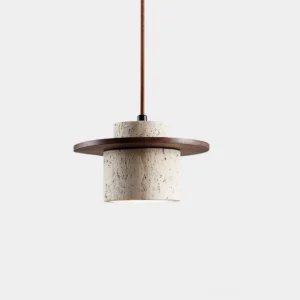 Travertine stone pendant light with walnut wood disc, close-up overhead view showing porous natural stone texture and dark cap