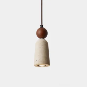 Bellin travertine pendant light with walnut wood bead, studio front view on white background