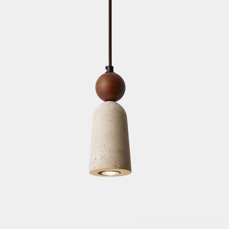Bellin travertine pendant light with walnut wood bead, studio front view on white background