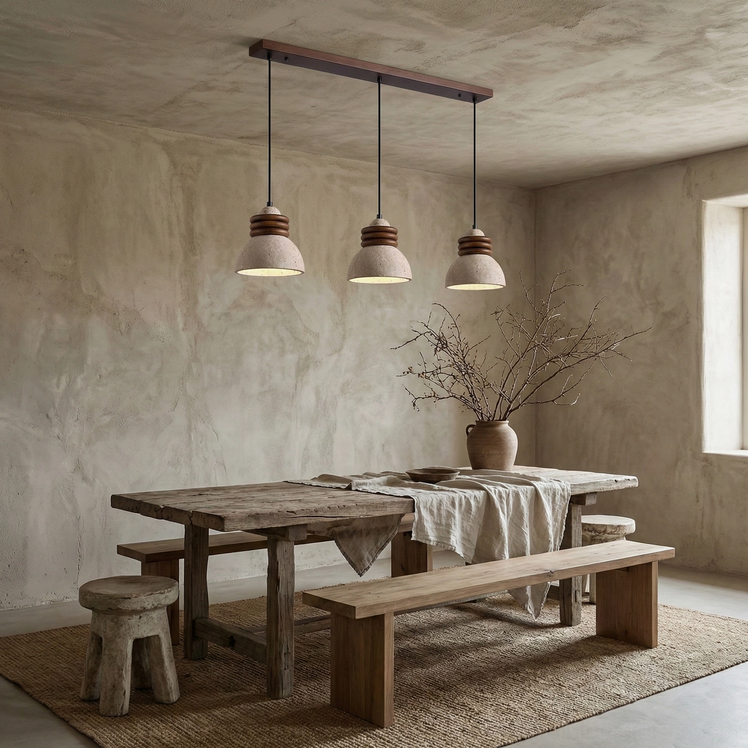 Walnut wood rings detail on travertine pendant fixture showing sculptural wooden frame construction and finishing