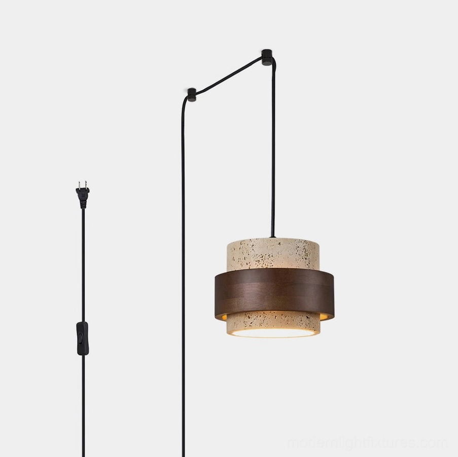 Travertine plug-in pendant light with walnut wood band side view showing cylindrical stone shade