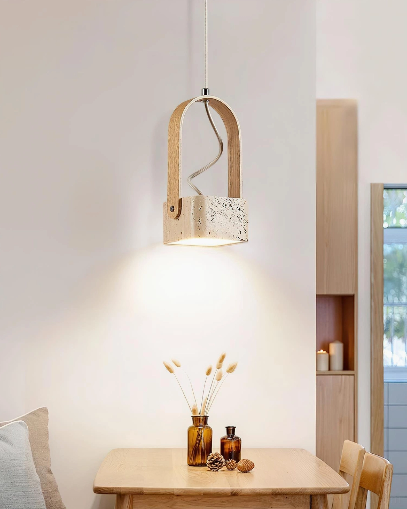 Travertine wood pendant light warm neutral beige minimalist home accent lighting