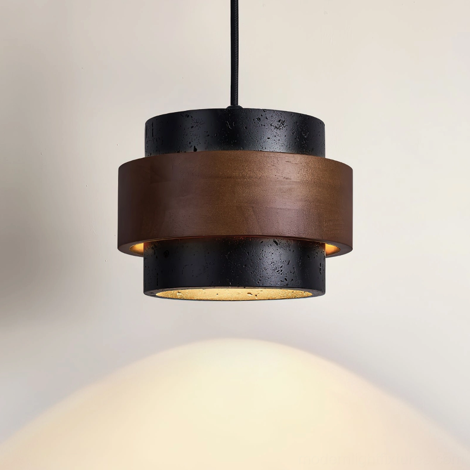 Travertine pendant light fixture warm glow interior demonstration, showing soft diffused illumination effect