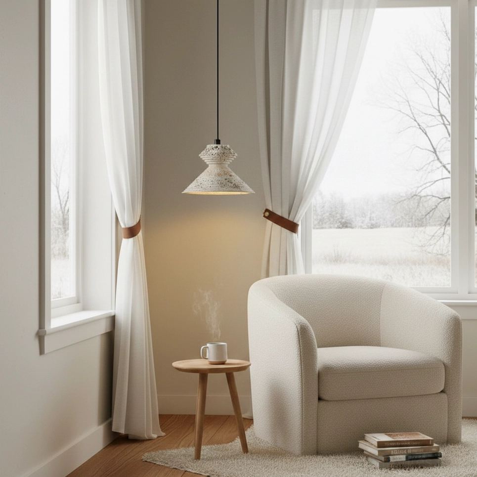 Modern pendant light with travertine stone showing sculptural wave form and light diffusion effect
