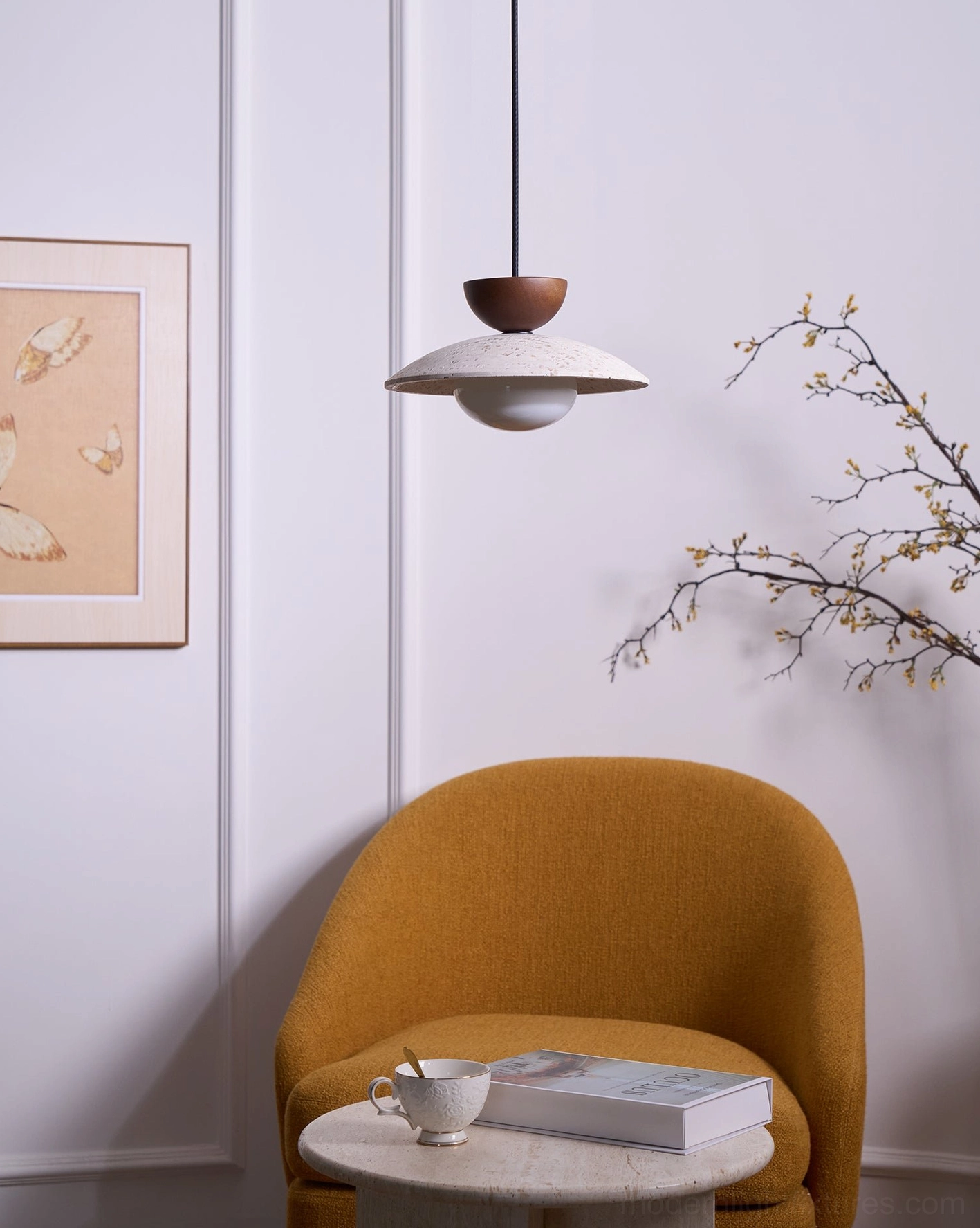 Tia travertine pendant light in white finish color option detail