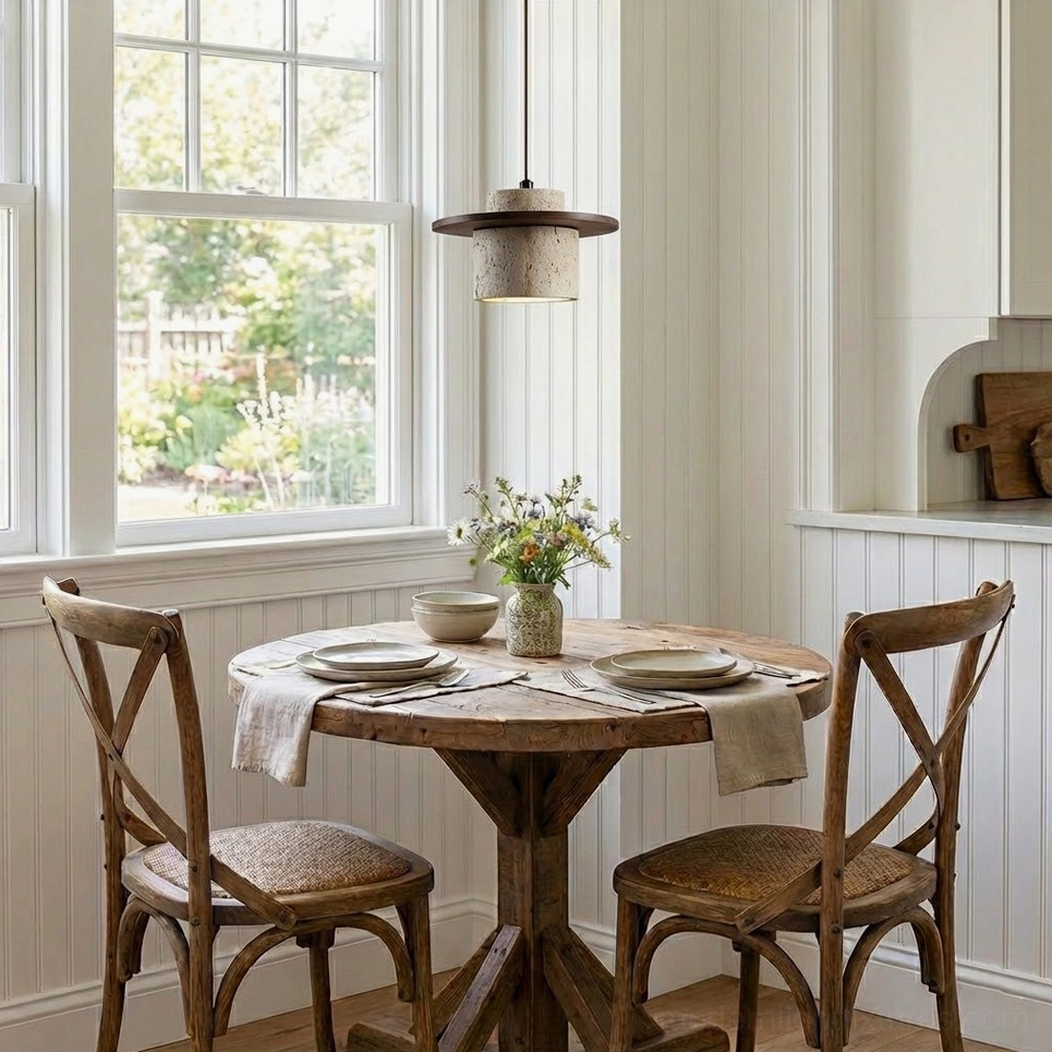 Travertine stone pendant light near window in bright farmhouse dining area, matches wooden dining set and natural daylight
