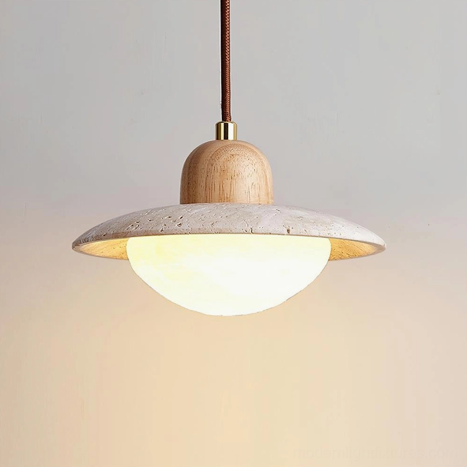 Wood color travertine pendant light beige tone modern fixture