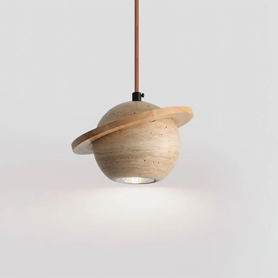 Travertine sphere pendant light in wood color variant, honey-warm finish with natural wooden orbital ring design