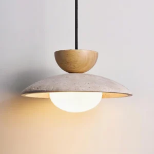 Tia travertine pendant lamp in light wood finish with beige stone disc, three-quarter angle view