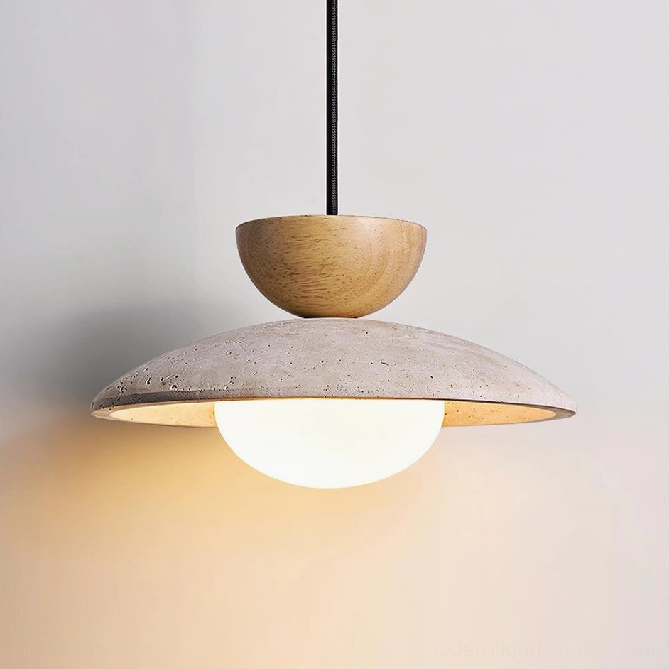 Tia travertine pendant lamp in light wood finish with beige stone disc, three-quarter angle view