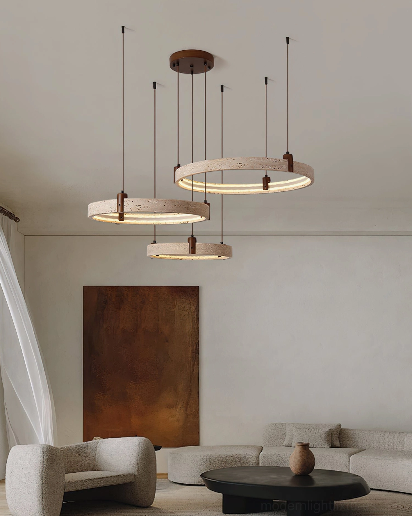 Eclora travertine ring chandelier detail of warm wood and stone material blend