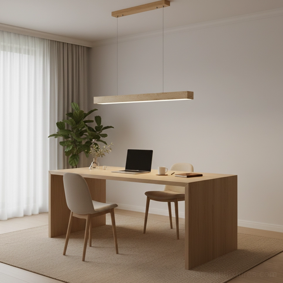 Travertine linear pendant chandelier wood suspension element close-up