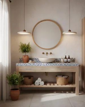 Two matching travertine disc pendant lights hanging above bathroom vanity with round mirror in rustic neutral interior design