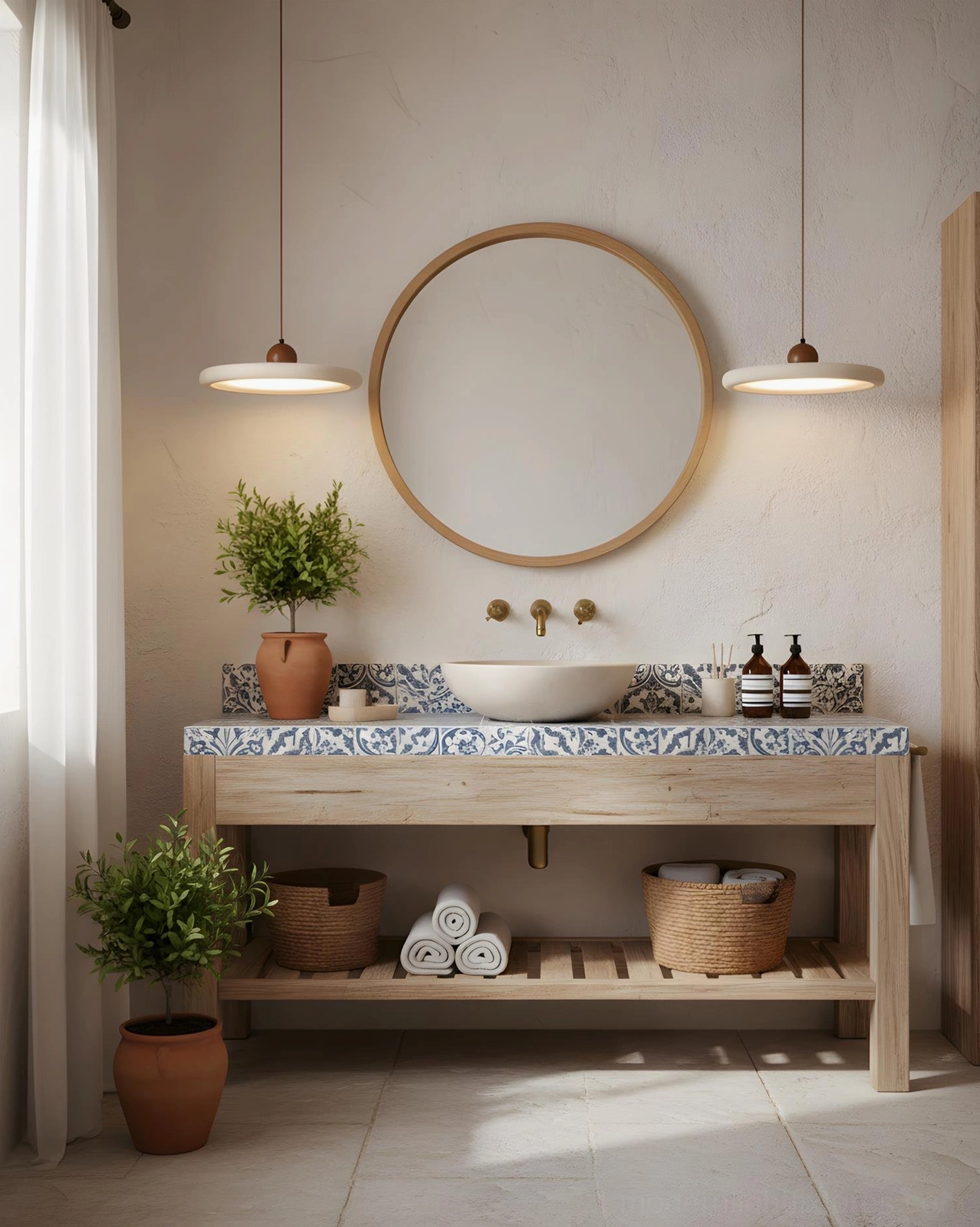 Two matching travertine disc pendant lights hanging above bathroom vanity with round mirror in rustic neutral interior design