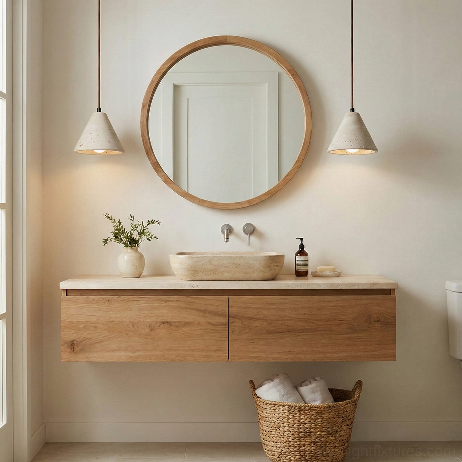 Two travertine conical pendant lights symmetrically positioned above bathroom vanity mirror in wabi-sabi design space
