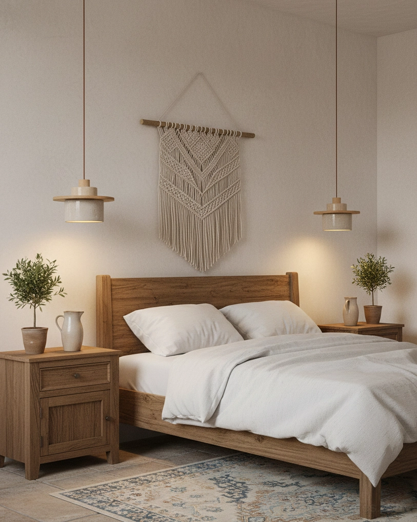 Pair of modern travertine pendant lights in rustic bedroom interior design