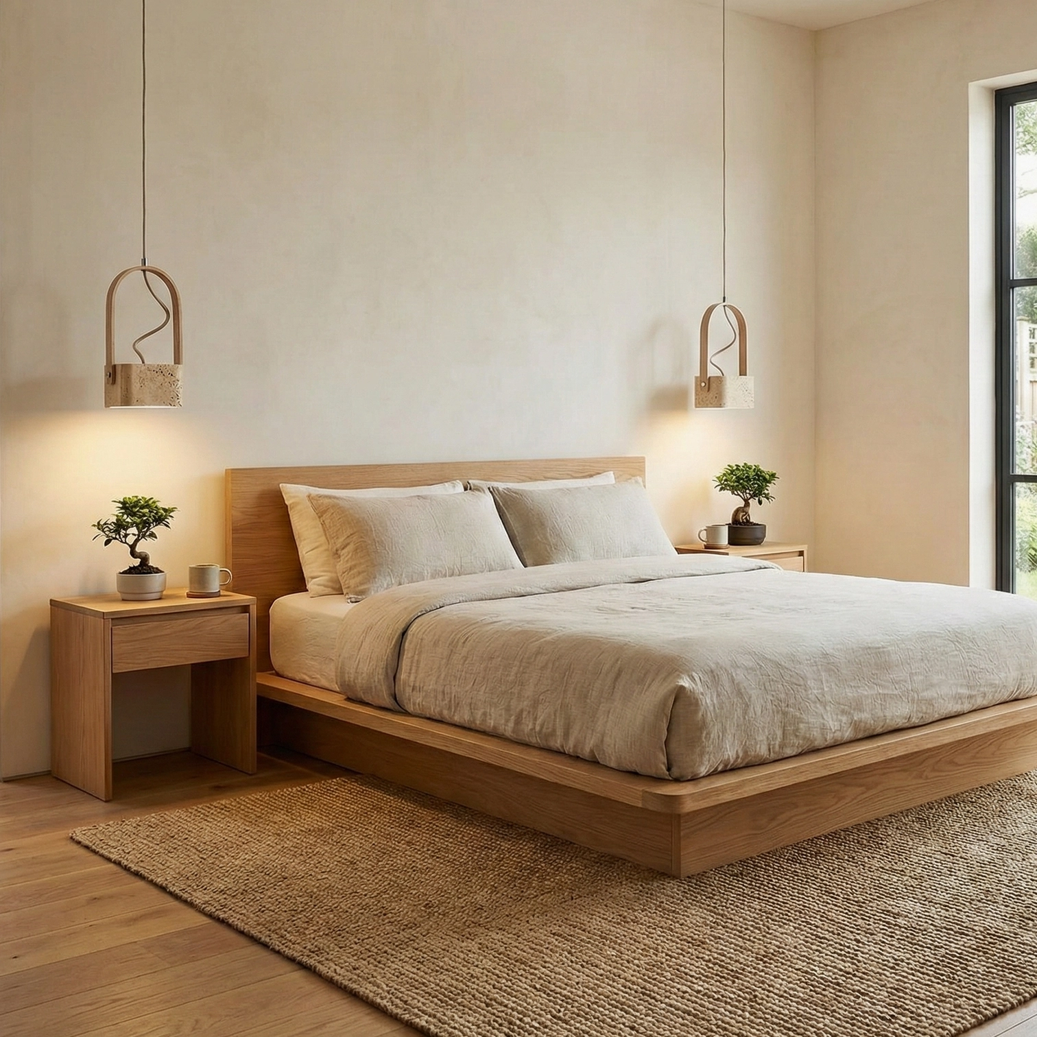 Two travertine wood pendant lights master bedroom warm neutral bedside pendant fixtures
