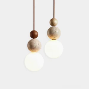Dual travertine stone pendant lights with frosted glass shades in Nordic minimalist style