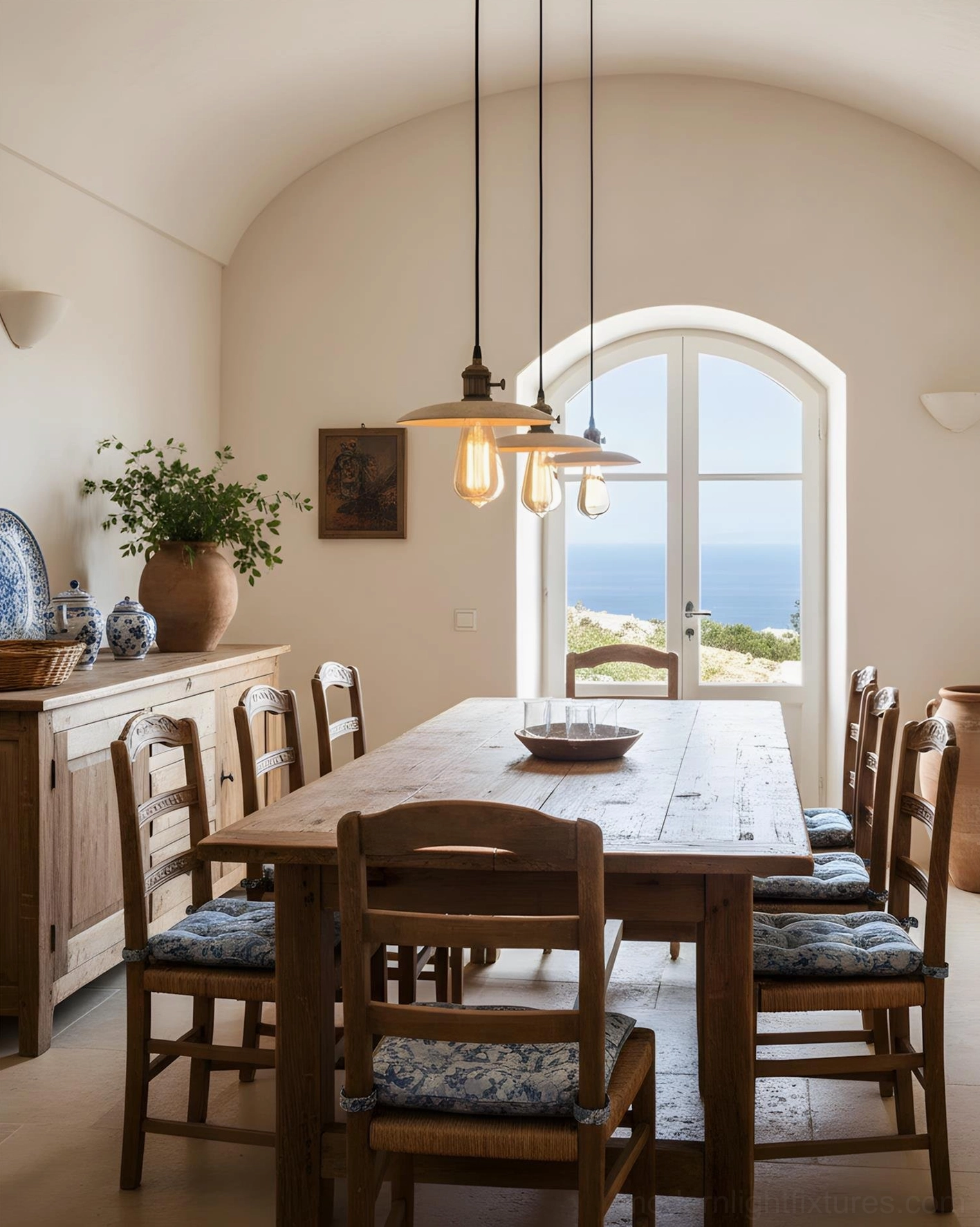 Three travertine pendant lights in rustic farmhouse dining room with arched window coastal style