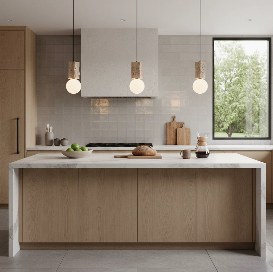 Multiple travertine globe pendants arranged as kitchen island lighting creating coordinated modern accent light fixtures over marble countertop