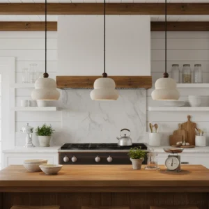 Set of travertine pendant lights clustered above modern farmhouse kitchen island with warm ambient lighting and uniform tiered design