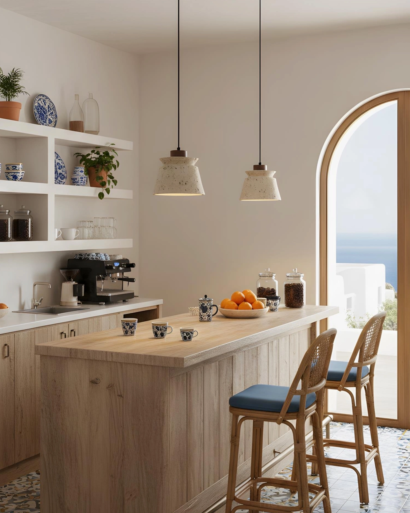 Coastal farmhouse kitchen with two travertine pendant lights over wooden island counter and bar stools