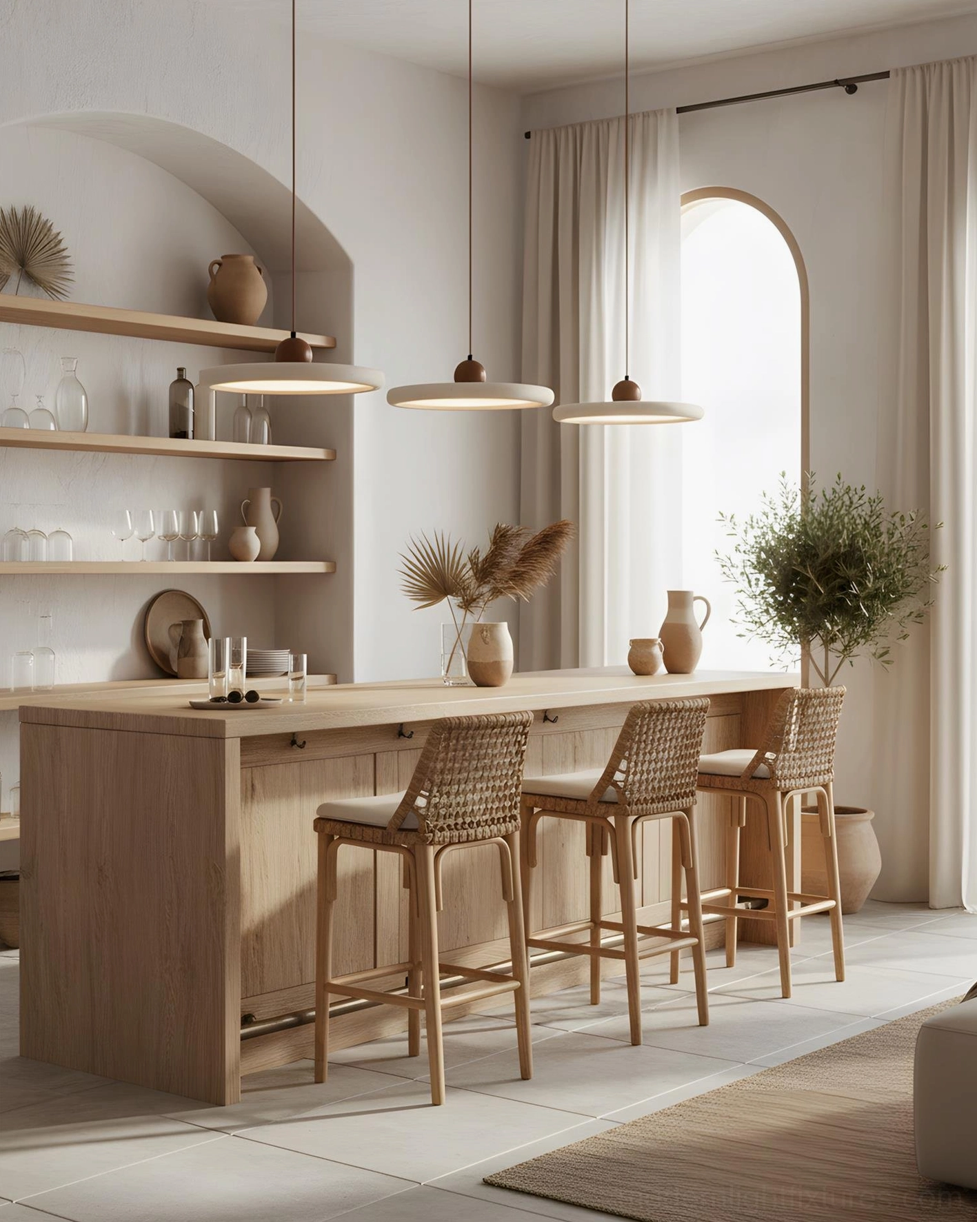 Three travertine disc pendant lights mounted above wooden kitchen island counter in farmhouse rustic dining area