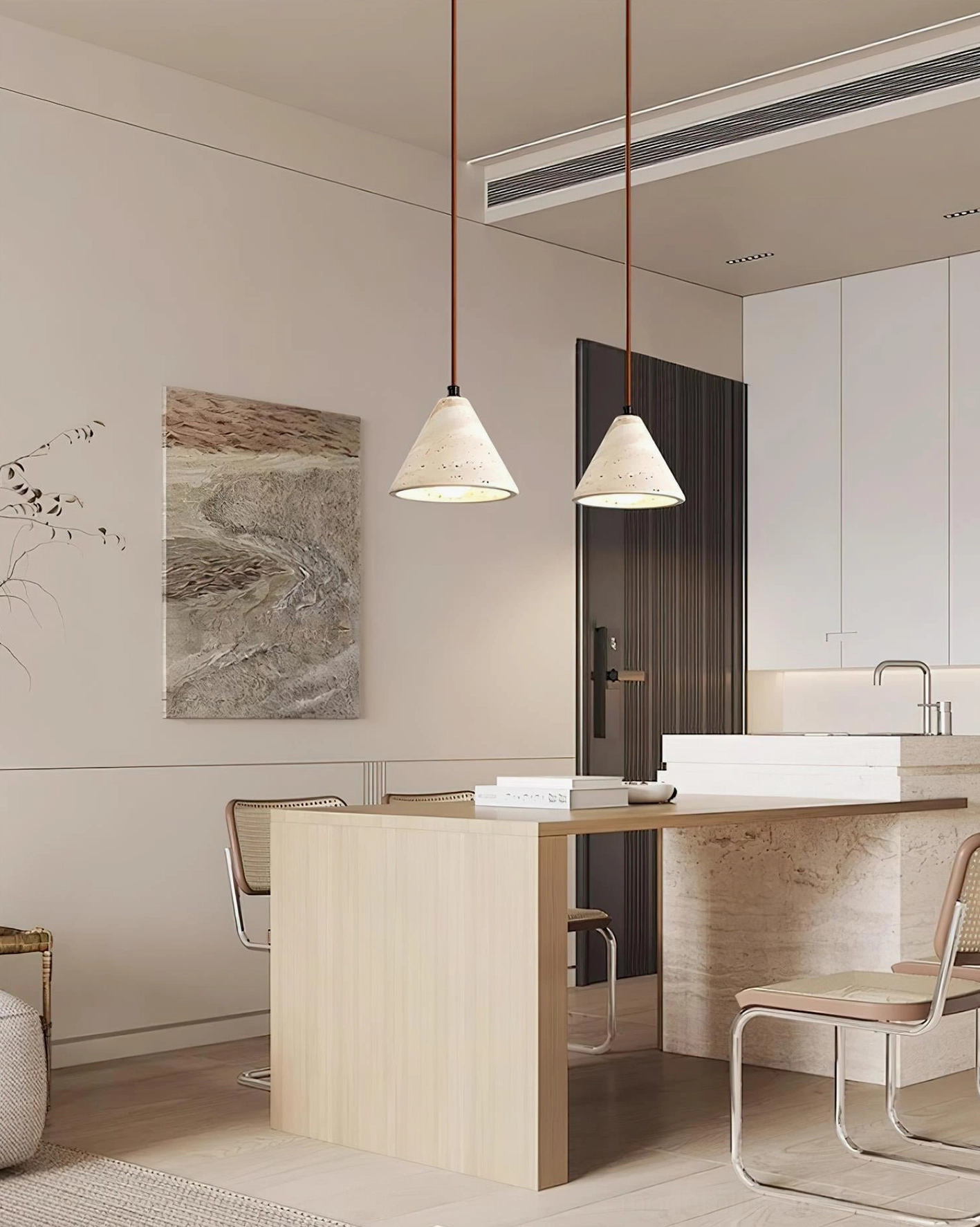 Set of two travertine conical pendant lights in modern kitchen dining area above wooden island with warm lighting