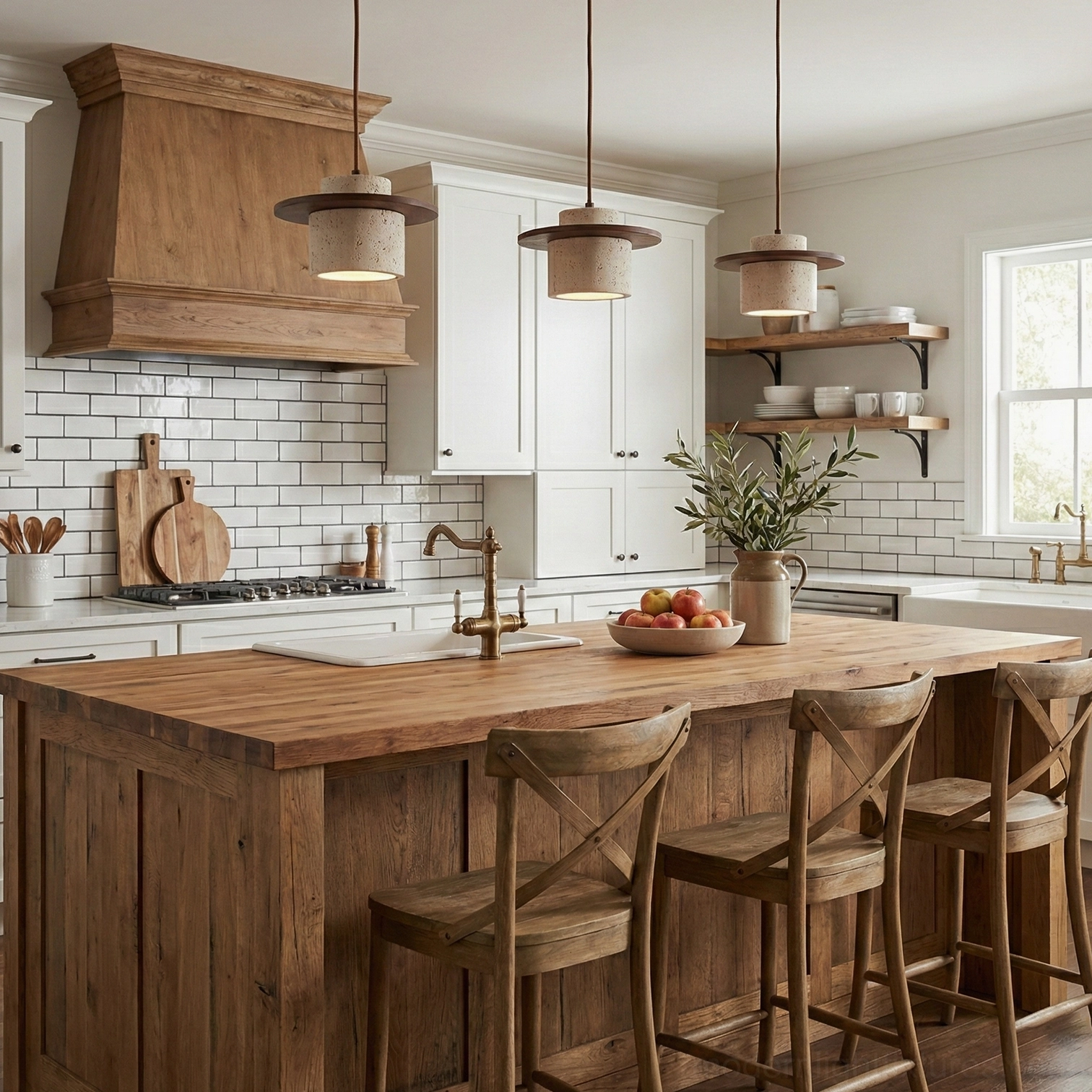 Multiple travertine stone pendant lights installed over modern kitchen island with wooden cabinetry and counter seating
