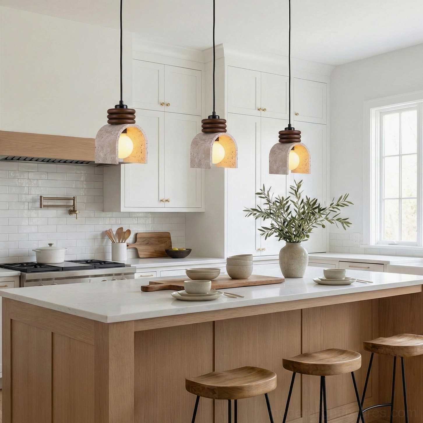 Multiple travertine pendant lights installed above modern kitchen island with white cabinetry, warm ambient lighting creating intimate dining atmosphere in minimalist kitchen design