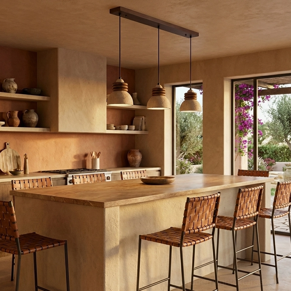 Kitchen island with three matching travertine stone pendant lights suspended above wooden counter in warm terracotta kitchen interior design