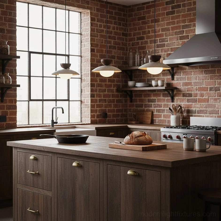 Multiple Tia travertine pendant lights installed in industrial brick kitchen creating coordinated ceiling installation