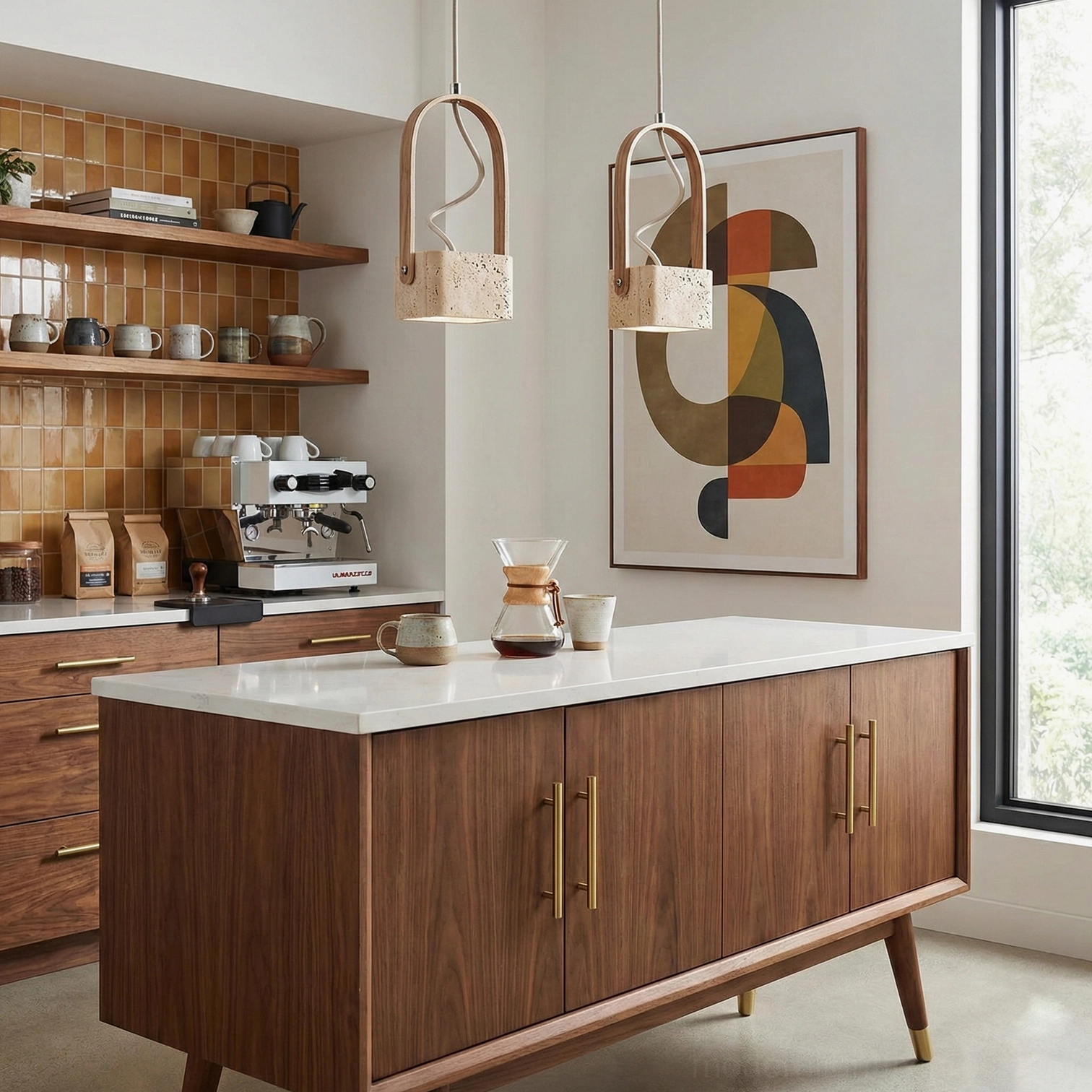 Two travertine wood pendant lights kitchen island modern minimalist dining lighting