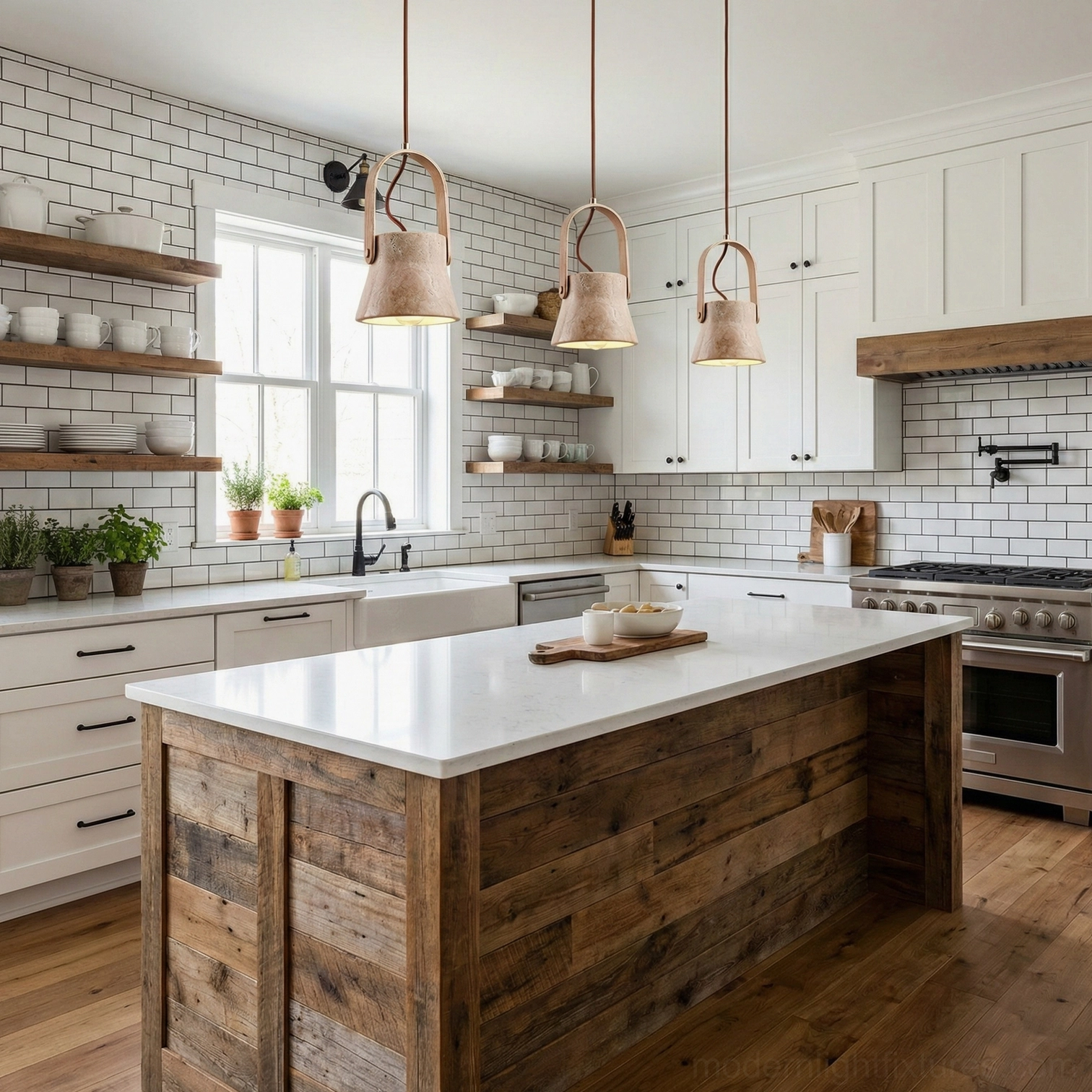 Three Nissa travertine pendant lights hanging over modern farmhouse kitchen wooden island