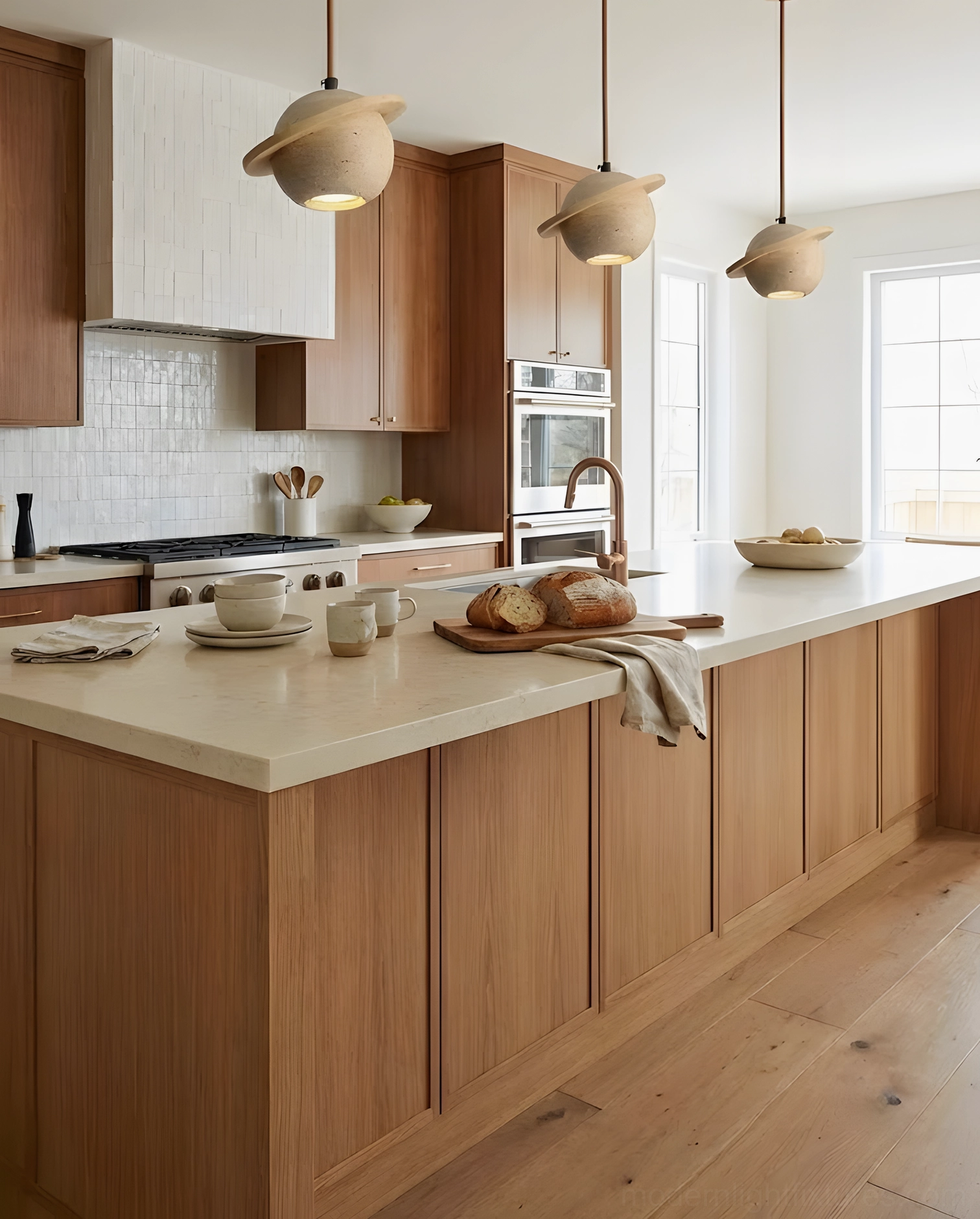 Multiple travertine sphere pendant fixtures in full kitchen perspective, contemporary residential design with wooden cabinetry