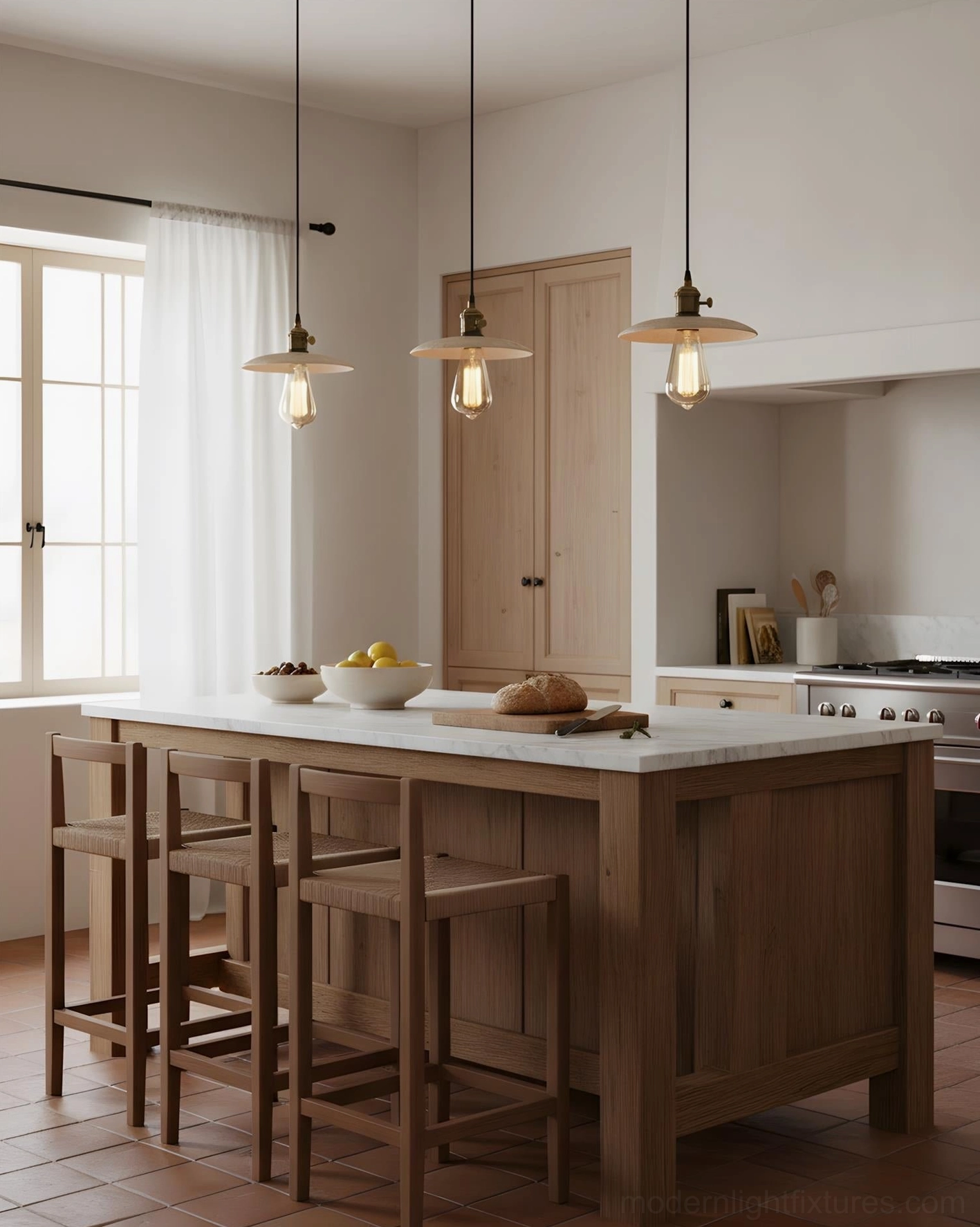 Multiple travertine pendant lights above open kitchen dining area with minimalist industrial style