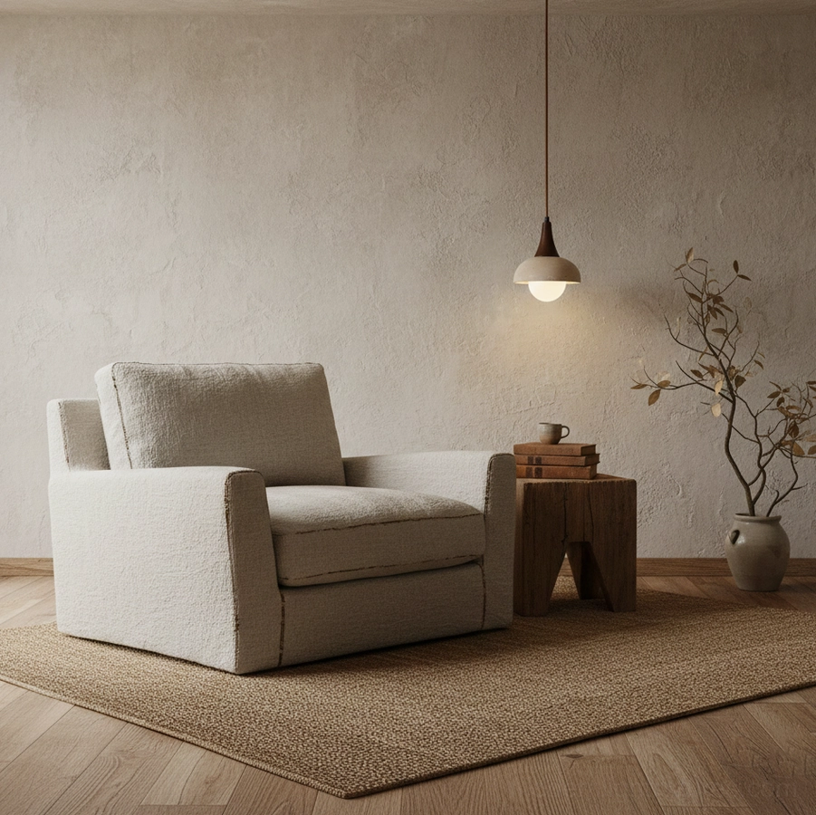 Multiple travertine pendant lights in Scandinavian minimalist interior dining area setup
