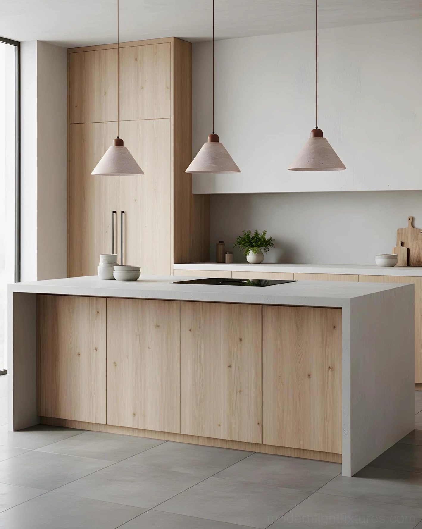 Triple travertine cone pendant fixture above kitchen island in light wood contemporary kitchen with neutral modern decor