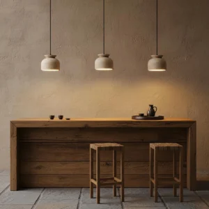 Three travertine pendant lights installed above rustic wooden bar counter, wabi-sabi interior design